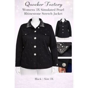 Quacker Factory Womens 3X Black Simulated Pearl Rhinestone Stretch Jacket 234659